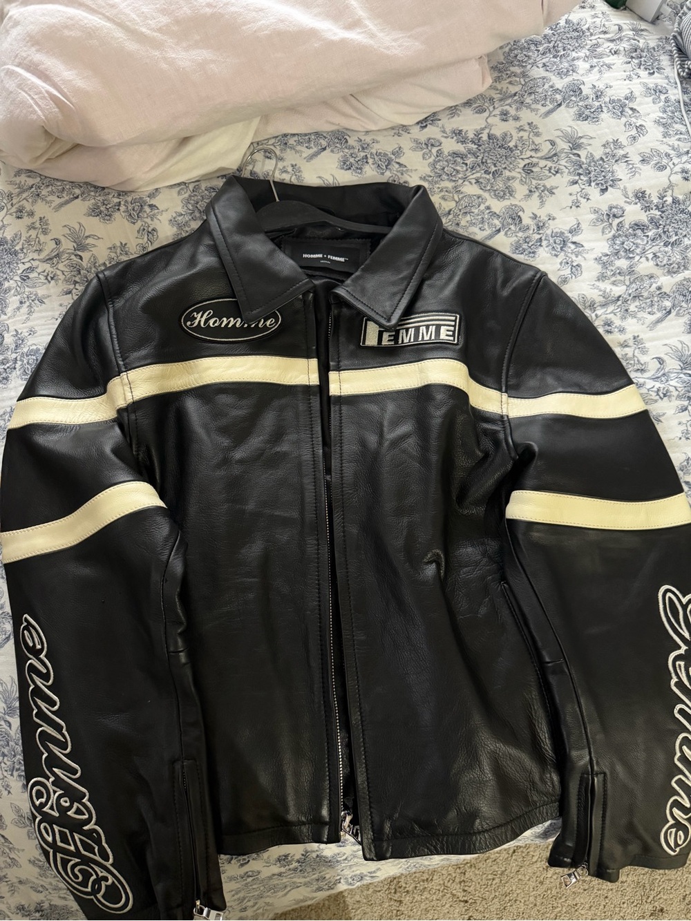 Femme Black Leather Bomber Jacket with Cream Stripes never worn